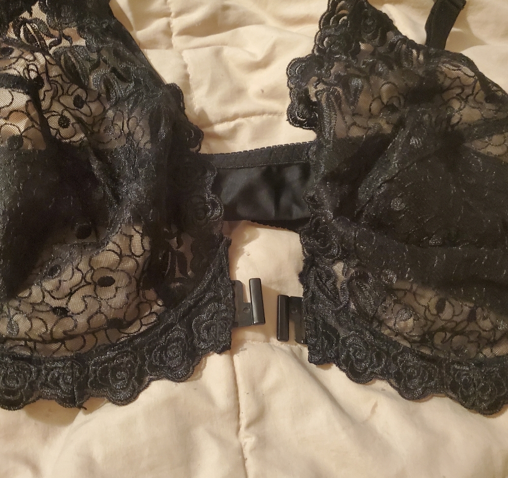 Black lace see through underwire front opening bra